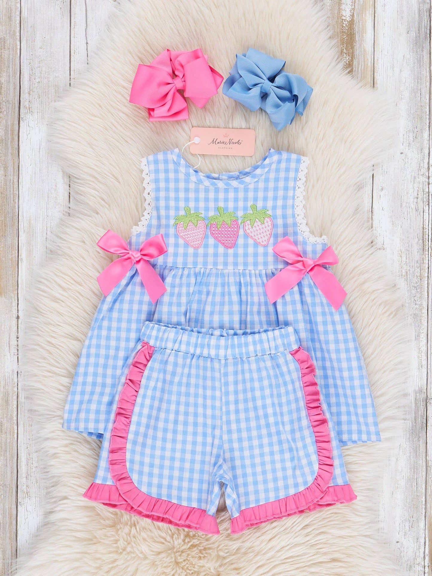 Gingham Embroidered Strawberries Bows Ruffle Outfit