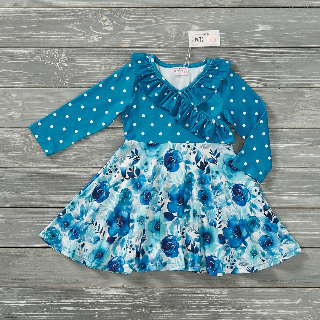 Teal Blossoms Long Sleeve Dress