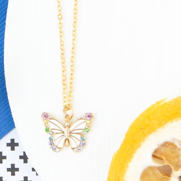 Butterfly Rainbow CZ Enamel Charm Necklace