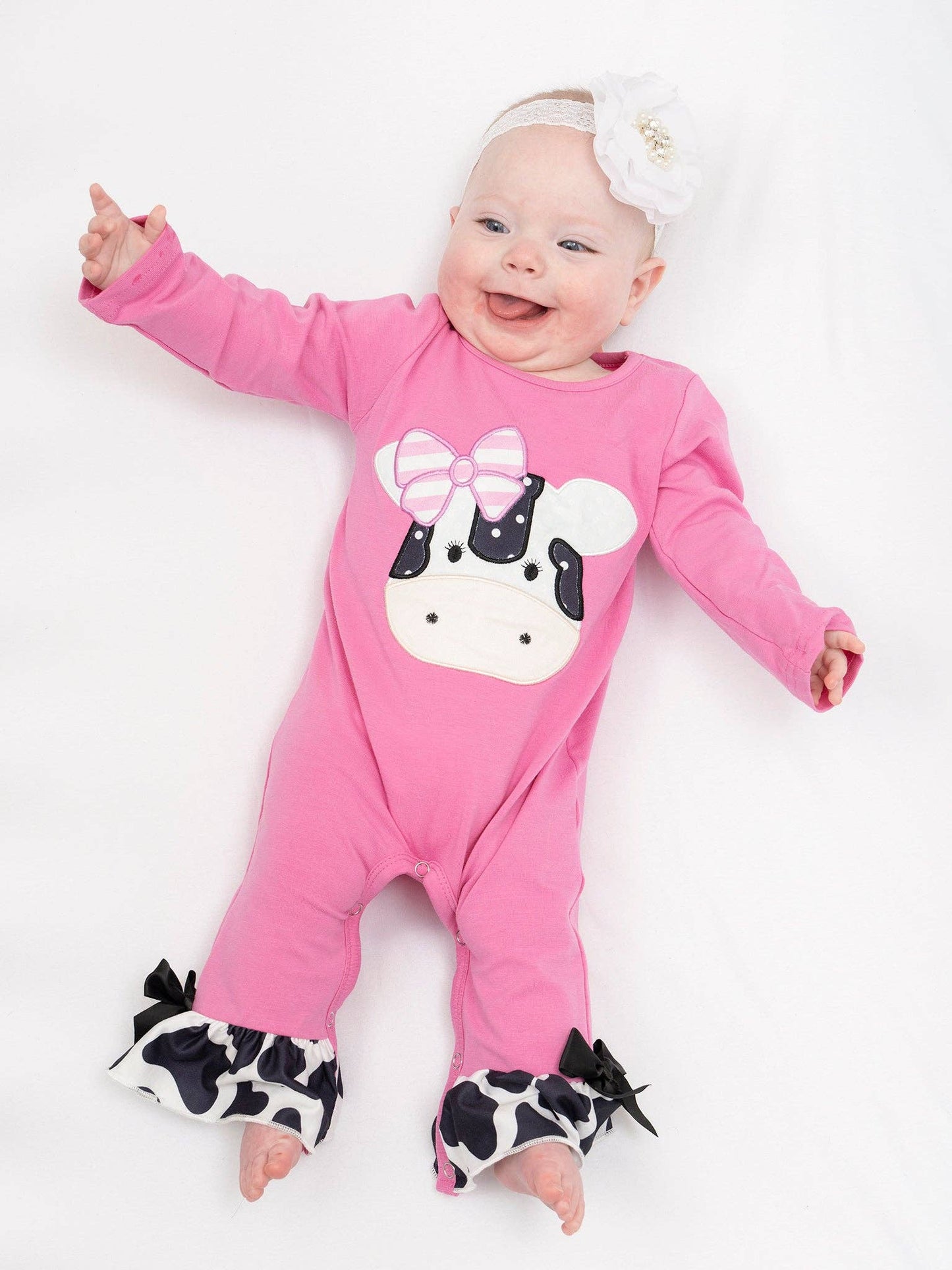 Lil’ Moo Ruffle Embroidered Cow Romper