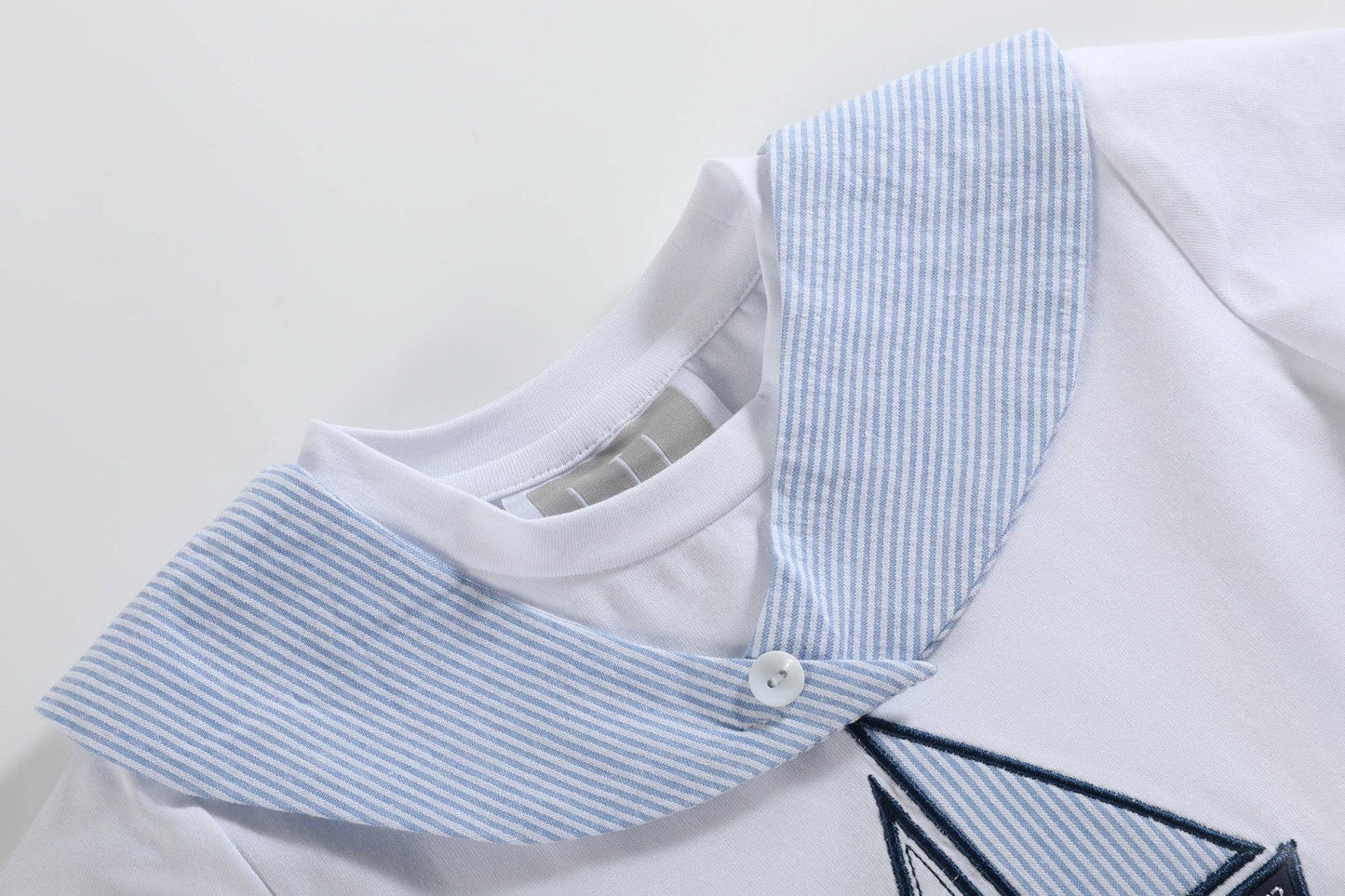 White Sailboat Tee and Blue Seersucker Shorts Set