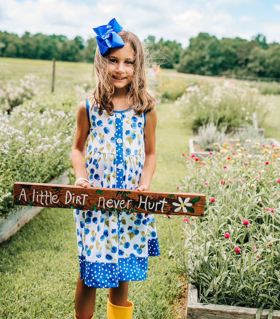 Girls White Blue Berry Sleeveless Button-Front A-Line Dress