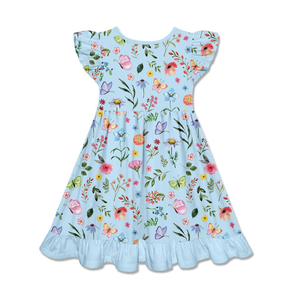 Ice Blue Floral Botanical Patch-Pocket Dress