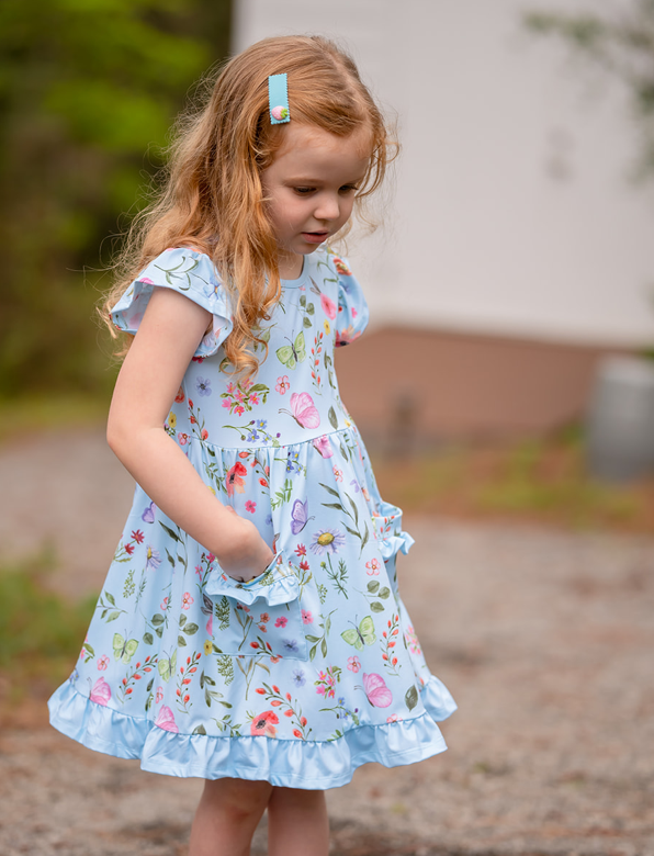 Ice Blue Floral Botanical Patch-Pocket Dress