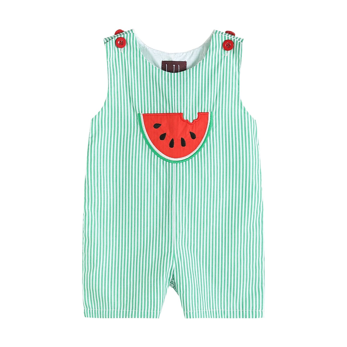 Green Stripe Watermelon Applique Shortalls