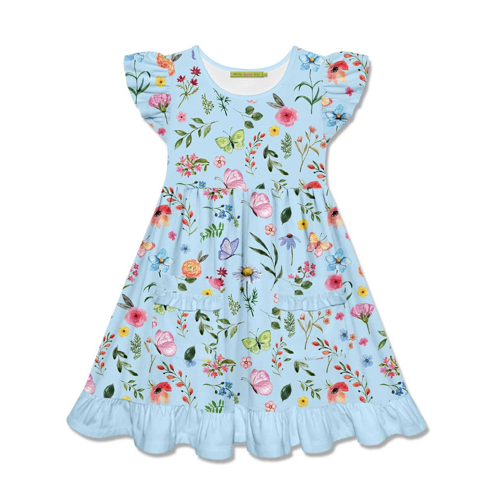 Ice Blue Floral Botanical Patch-Pocket Dress