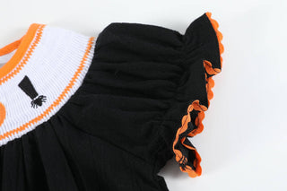 Black and Orange Boo Halloween Smocked Bishop Dress