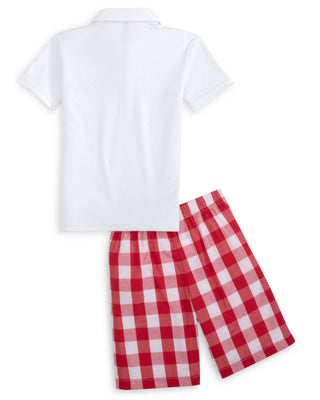 White polo shirt and red checkered shorts on a white background
