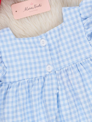 Blue Gingham Embroidered Crayons Ruffle Dress