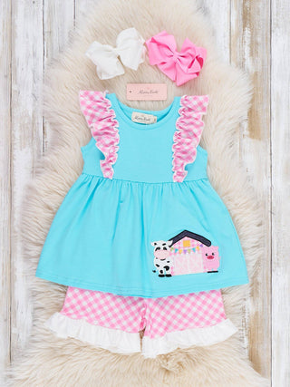 Gingham Farmhouse Embroidered Ruffle Outfit