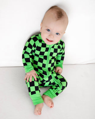 Green Checkers Bamboo Zipper Romper