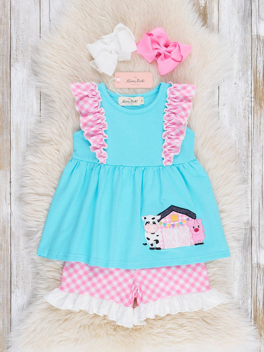 Gingham Farmhouse Embroidered Ruffle Outfit