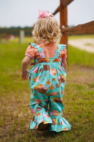 Pumpkin Harvest Girls' Fall Print Ruffle Leg Romper & Knit Blouse Set