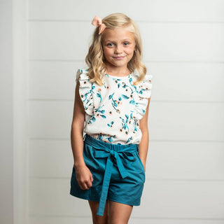 White & Teal Floral Ruffle Summer Short Set