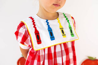 Scribble Red Gingham Bishop Collar Crayon Embroidery Dress