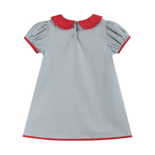 Gray dress with red collar and trim on a white background