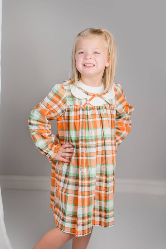Autumn Plaid Scalloped Bishop Collar Dress