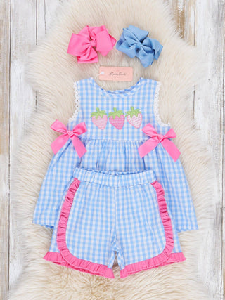 Gingham Embroidered Strawberries Bows Ruffle Outfit