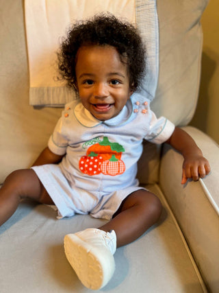 Light Blue Seersucker Pumpkin Shortalls