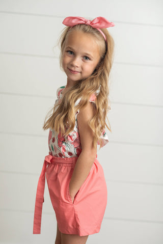 Coral Pink Floral Ruffle Summer Pocket Short Set