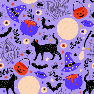 A repeating Halloween-themed pattern on a light lavender background, featuring black cats, purple witch hats, blue cauldrons with orange drips, orange jack-o'-lantern buckets, bats, spiders, stars, moons, and eyeballs.