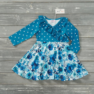 Teal Blossoms Long Sleeve Dress