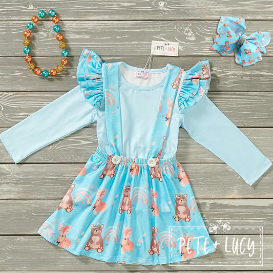Native Forest Friends Suspender Dress with Matching Bow