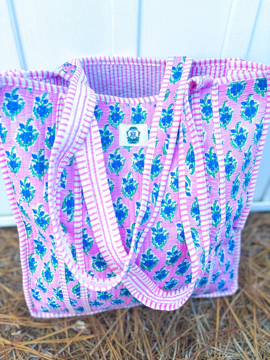 Blue Blossom Hand-Crafted Quilted Tote Bag