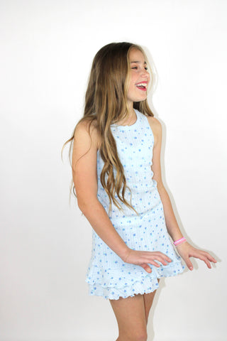 Light Blue All Over Ditsy Roses Print Shirt & Skort Set