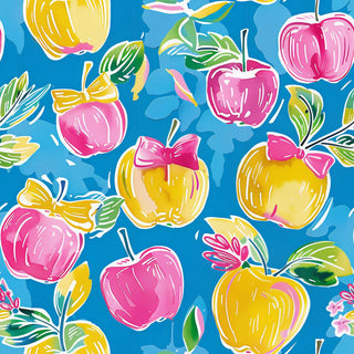 Colorful pattern of apples with bows on a blue background