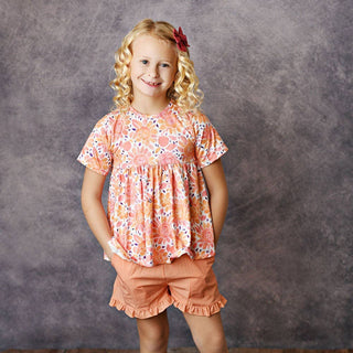 Pink & Tangerine Flower Ruffle Summer Pocket Short Set