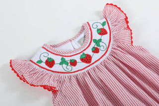 Red Seersucker Strawberry Smocked Girls Romper