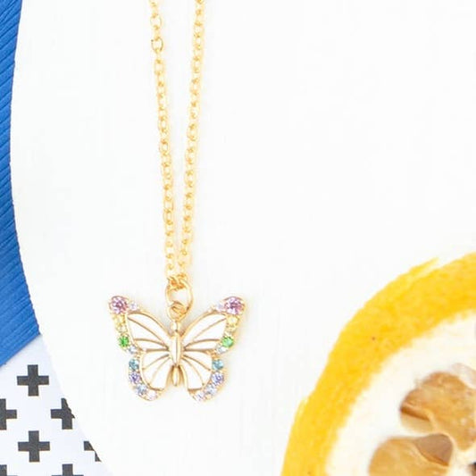 Butterfly Rainbow CZ Enamel Charm Necklace
