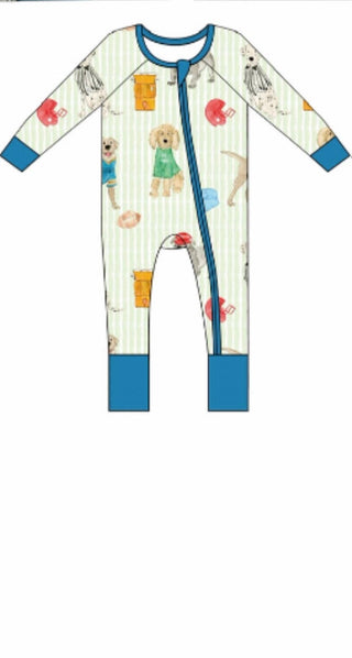 A long-sleeved onesie with a puppy and football themed watercolor design, featuring a blue fold-over footie and blue mittens at the end of the sleeves.