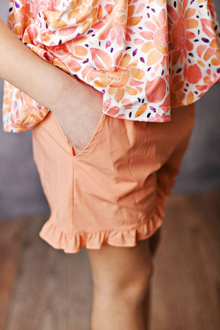 Pink & Tangerine Flower Ruffle Summer Pocket Short Set