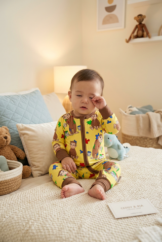 A baby sitting on a cream-colored bed in a cozy nursery, wearing a yellow long-sleeve footless pajama romper with a colorful cartoon character print and brown trim.