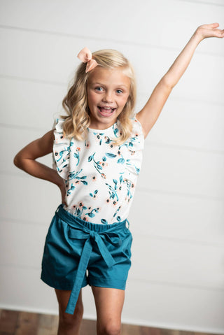 White & Teal Floral Ruffle Summer Short Set