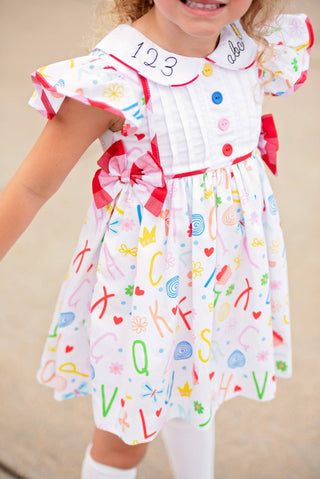 ABCs & 123s Alphabet Print Embroidered Collar Dress