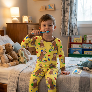 A young boy wearing a yellow long-sleeve pajama set with a colorful monkey print sits on a bed in a cozy bedroom, brushing his teeth.