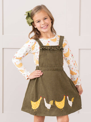 Olive Corduroy Chickens Skirtall Set