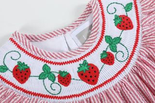Red Seersucker Strawberry Smocked Girls Romper