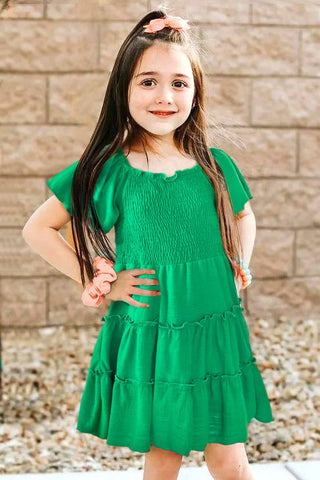 Green 3 Tier Flare Smocked Dress
