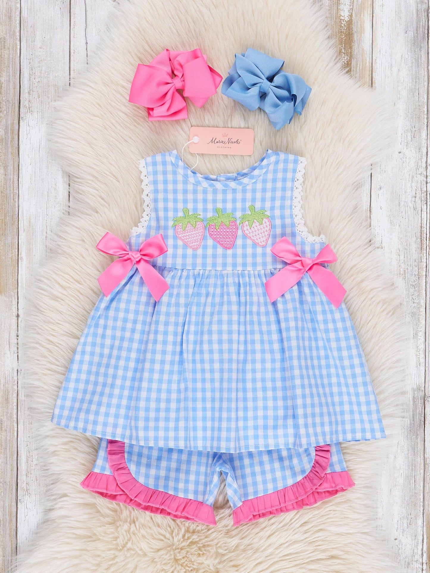 Gingham Embroidered Strawberries Bows Ruffle Outfit