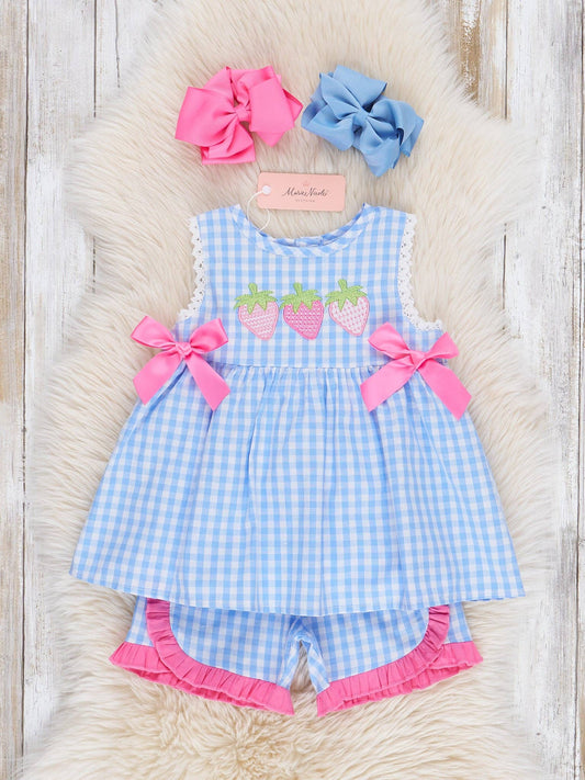 Gingham Embroidered Strawberries Bows Ruffle Outfit