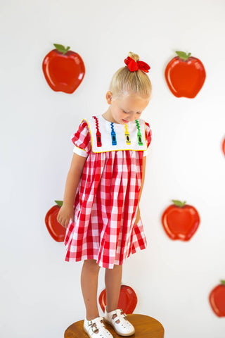 Scribble Red Gingham Bishop Collar Crayon Embroidery Dress