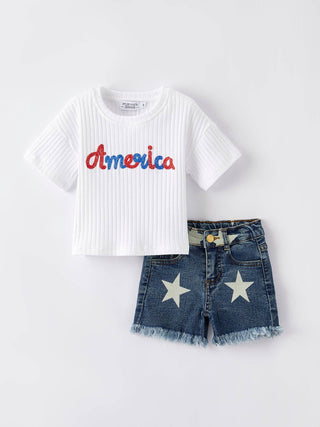 America Top+Denim Shorts Set