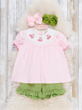 Sweet Strawberries Embroidered Gingham Outfit