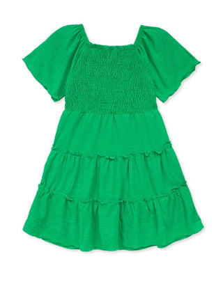 Green 3 Tier Flare Smocked Dress