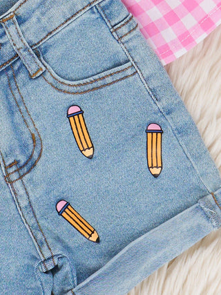 Gingham Bow Pencil Denim Outfit