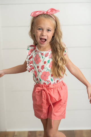 Coral Pink Floral Ruffle Summer Pocket Short Set
